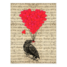 Vintage Crow and heart shaped balloons Post Card