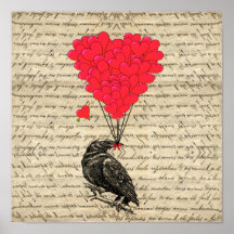 Vintage Crow and heart shaped balloons Poster