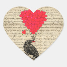 Vintage Crow and heart shaped balloons Heart Sticker