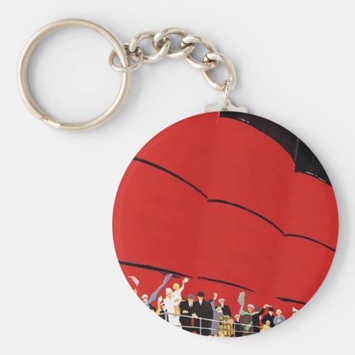 Vintage Cruise Ship Passengers Waving Goodbye Key Chain