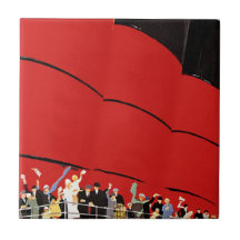 Vintage Cruise Ship Passengers Waving Goodbye Tile
