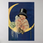 Vintage Cute Baby Bride and Groom on Crescent Moon Poster