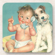 Vintage Cute Baby Talking on Phone Puppy Dog Coasters