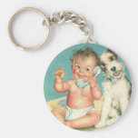 Vintage Cute Baby Talking on Phone Puppy Dog Keychain