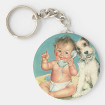 Vintage Cute Baby Talking on Phone Puppy Dog Keychain