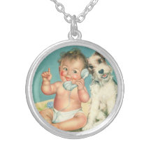 Vintage Cute Baby Talking on Phone Puppy Dog Custom Necklace