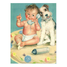 Vintage Cute Baby Talking on Phone Puppy Dog Postcards