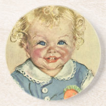 Vintage Cute Blonde Curl Baby Smiles with Toy Hors Beverage Coasters