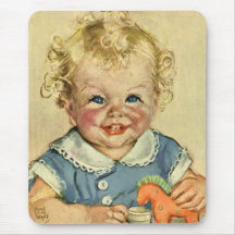 Vintage Cute Blonde Curl Baby Smiles with Toy Hors Mousepads