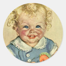 Vintage Cute Blonde Curl Baby Smiles with Toy Hors Round Stickers