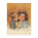 Vintage Cute Boy Stealing a Kiss on the Cheek postcards