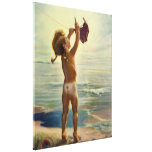 Vintage Cute Child Hanging Laundry at the Beach Stretched Canvas Print