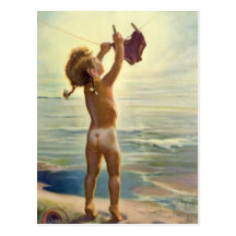 Vintage Cute Child Hanging Laundry at the Beach Postcard
