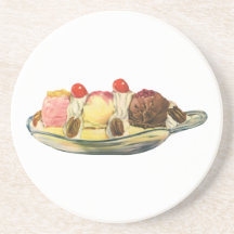 Vintage Dessert; Banana Split with Cherries Drink Coasters