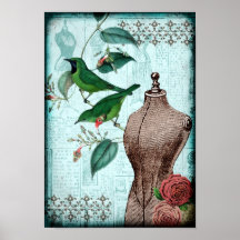 Vintage Dress Form Birds Poster