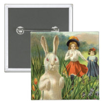 Vintage Easter Bunny with Eggs and Children Button