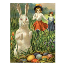 Vintage Easter Bunny with Eggs and Children Post Card