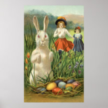 Vintage Easter Bunny with Eggs and Children Print