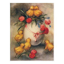 Vintage Easter Chicks, Red Tulip Flowers on Egg Post Card