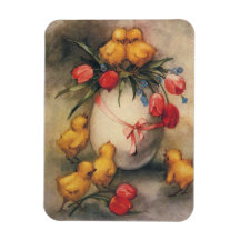 Vintage Easter Chicks, Red Tulip Flowers on Egg Vinyl Magnet