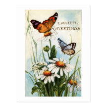 Vintage Easter Greetings With Butterflies Floral Post Card