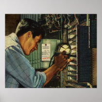 Vintage Electrician Examining Circuit Breakers Poster