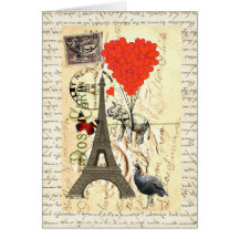 Vintage elephant and red heart balloons greeting cards