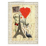 Vintage elephant and red heart balloons greeting card