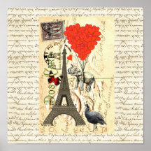 Vintage elephant and red heart balloons print
