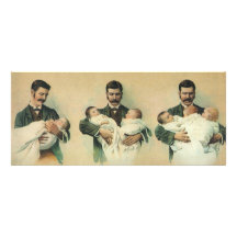 Vintage Father's Day, Man holding Triplet Babies Personalized Invites