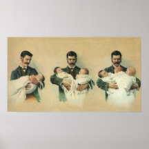 Vintage Father's Day, Man holding Triplet Babies Print