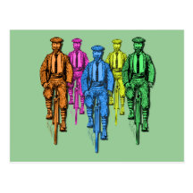 Vintage Five Fellas on Bikes Illustration Post Card
