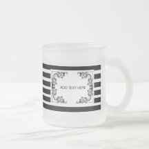VINTAGE FLORAL BLACK AND WHITE STRIPES COFFEE MUGS