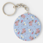 Vintage Floral Pink Roses on baby blue Key Chain