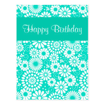 Vintage floral turquoise Happy Birthday Postcard
