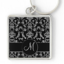 Vintage Florentine Damask (Monogram) (White) Keychain