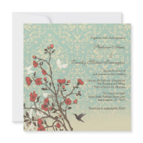 Vintage flowers, bird + damask wedding invitation