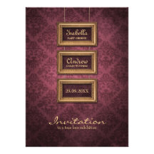 Vintage Frames on Damask Pattern Wedding Invite
