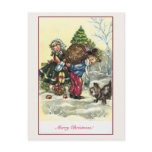 Vintage girl, boy Christmas tree postcards