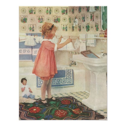 Vintage Girl, Child Doing Laundry Hanging Clothes Custom Announcement