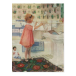 Vintage Girl, Child Doing Laundry Hanging Clothes Post Cards