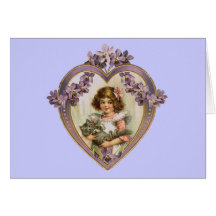 Vintage Girl & Kitty in Floral Heart Greeting Card