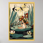 Vintage girl on lily pad flowers, butterfly poster