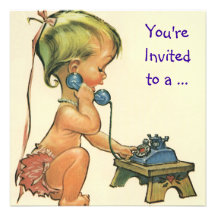 Vintage Girl on the Phone, Child Birthday Party Custom Invitation