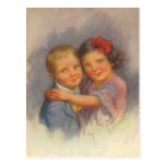 Vintage Girl Sitting on Boy, Hugging, Portrait Postcard