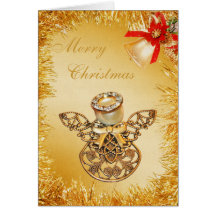 Vintage Gold Angel, Tinsel & Bell Christmas Card