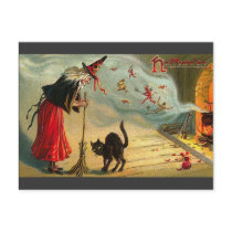 Vintage Halloween Art - Cat meets the Witch ! Post Cards