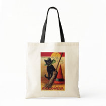 Vintage Halloween Black Cat, Witch's Broom and Hat Canvas Bag