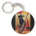 Vintage Halloween Black Cat, Witch's Broom and Hat keychains