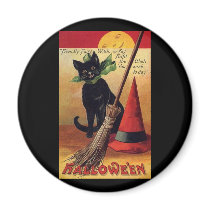 Vintage Halloween Black Cat, Witch's Broom and Hat Magnets